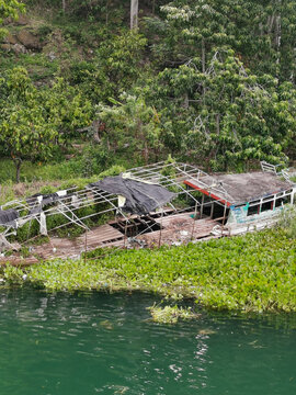 Abandoned wooden boat overgrown by vegetation on the shore of Lake Toba, Indonesia, surrounded by lush tropical greenery and calm turquoise water.