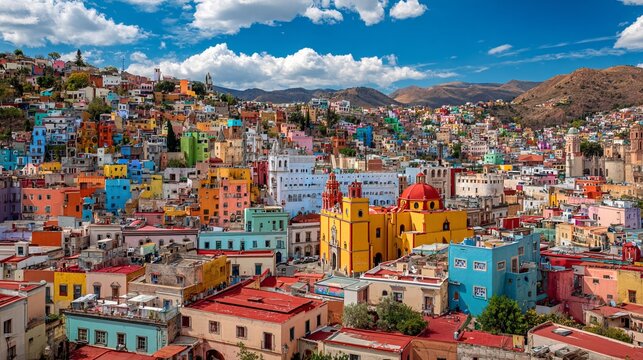 Colorful cityscape of Guanajuato, Mexico hillside buildings wide view outdoors