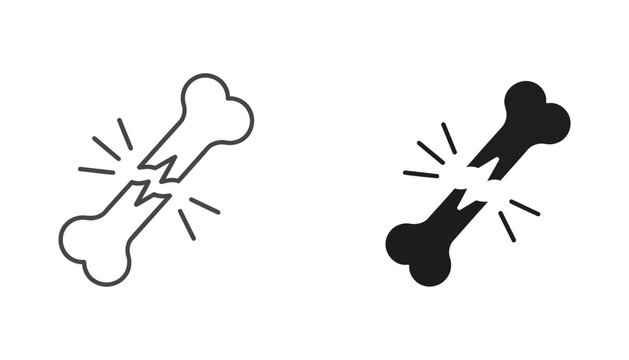 Broken bone fracture medical sign vector icon set featuring clean line and solid black silhouette styles for orthopedic and health diagnostic graphic design