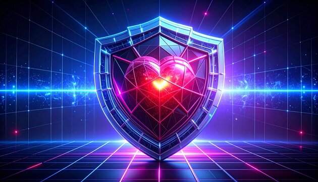 Post-quantum cryptographic shield made of Kyber crystals protecting a digital heart on a dark background.