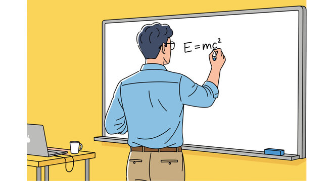 Man in blue shirt writing E=mc&sup2; on whiteboard in classroom