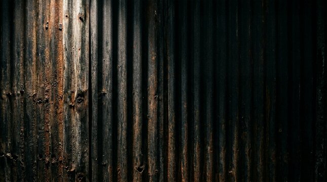 Close-up textured background of weathered, rusted corrugated metal with strong vertical lines and shadows