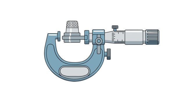 Digital illustration of a precision outside micrometer measuring tool in blue and gray