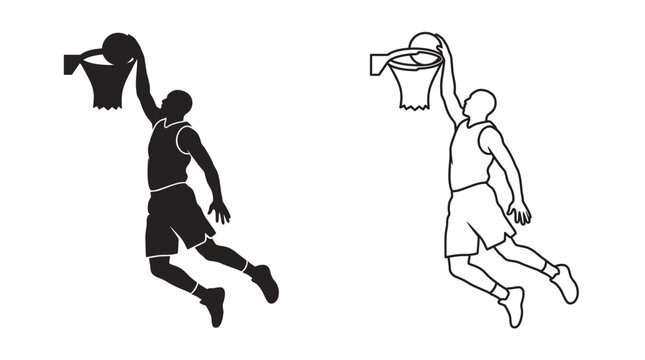 basketball player silhouette dunking black and white line art