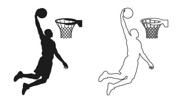 basketball player silhouette dunking black and white line art