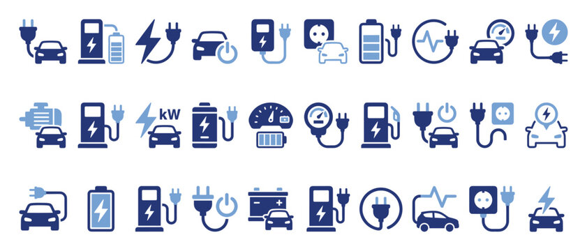 Set of electric vehicle charging icons for sustainable automotive and energy industry projects