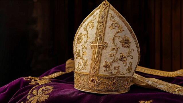 mitre. A tall ceremonial bishop's mitre with intricate gold embroidery rests on a rich velvet cloth. event programs, museum guides, designed for cultural heritage projects and event programs.