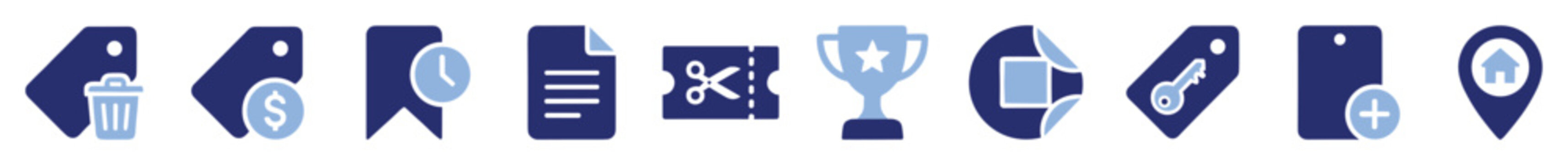 Set of blue flat icons representing business, shopping, and navigation for web and app.