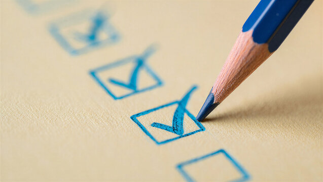 Closeup of a blue pencil checking a box on a checklist
