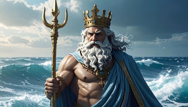 A muscular man with a long white beard and hair, wearing a crown and holding a trident