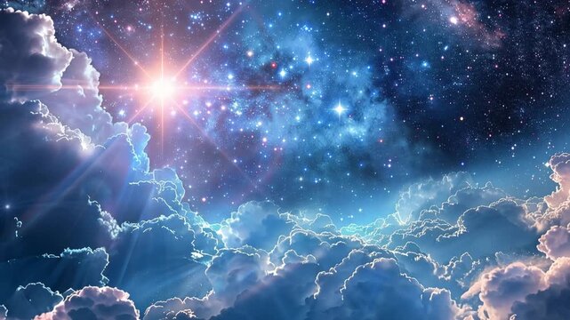 Cosmic sunrise breaking through celestial clouds with vibrant stars and nebulae in space 4k video