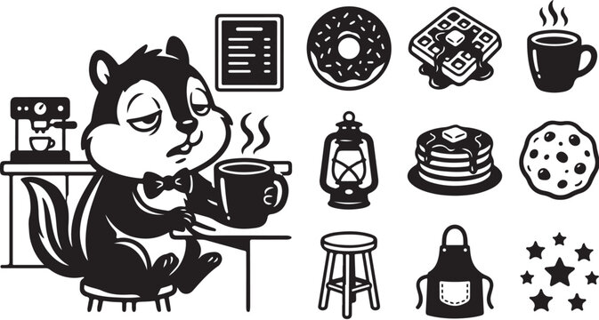 Cute cartoon chipmunk enjoying coffee and donuts illustration