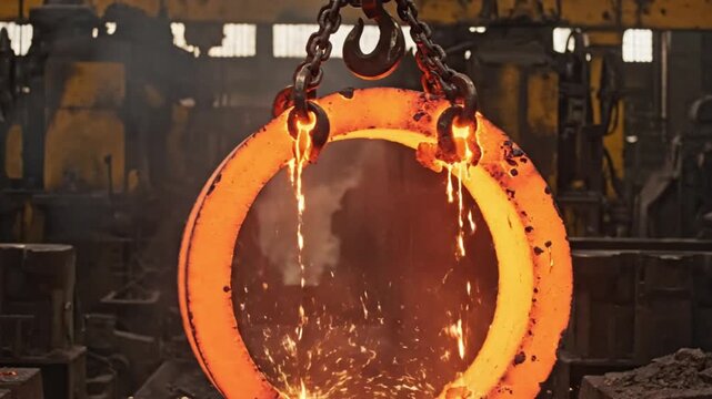 High detail slow motion shot of a massive heated steel ring glowing bright red orange carried by crane hooks and chains subtle molten edges with sparks falling heat haze and shimmering air visible dim