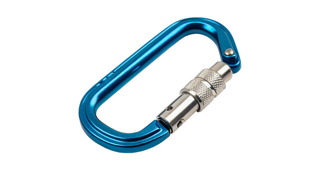Blue metallic climbing carabiner or safety d-ring hook for industrial safety and mountaineering on transparent background
