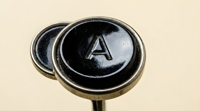 A close-up of two black typewriter keys with a metal finish on transparent background