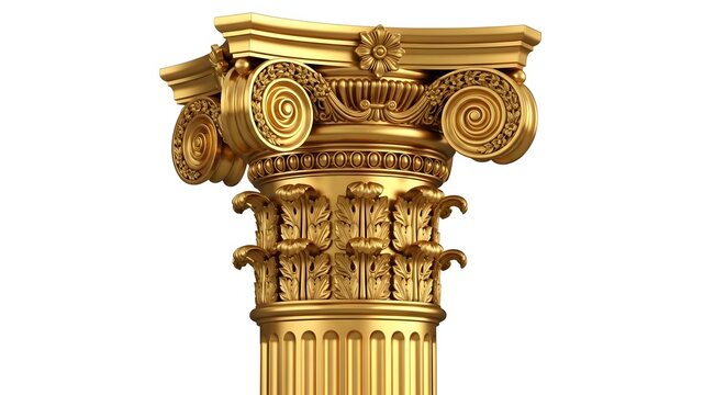 Golden classical column capital in corinthian style with acanthus leaves and scroll volutes decorative architectural element isolated on white background render