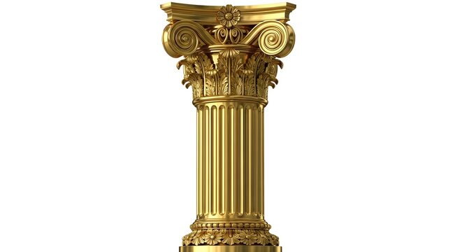 isolated doric column capital in golden hue on white background, showcasing intricate carvings and classical architectural elegance, studio shot