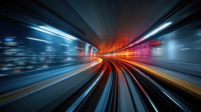 Dramatic motion blur inside a futuristic transportation tube with glowing white and orange light trails.