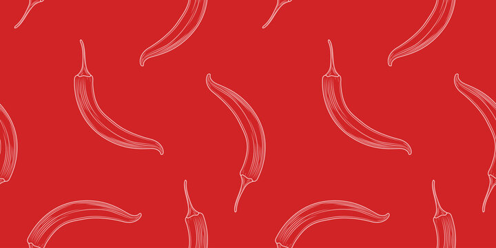 Seamless pattern of hand drawn hot chilli cayenne pepper in engraved style on a red background