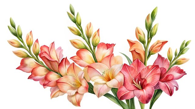 Beautiful pink and orange gladiolus flowers arrangement - Vibrant watercolor style flowers with soft pink and orange hues, perfect for floral designs and illustrations.