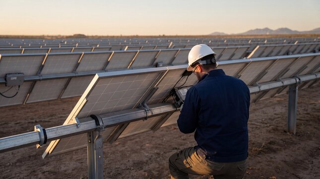 Engineer inspecting and maintaining solar photovoltaic panels in large desert power plant during golden hour sunset, checking electrical connections on metal mounting structure