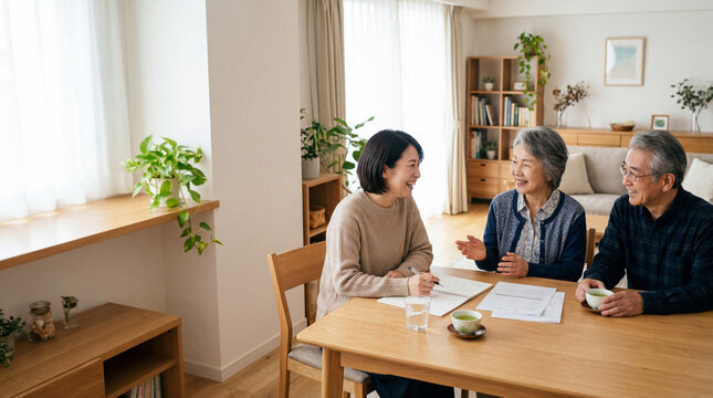 家族で将来について話し合うシニア夫婦