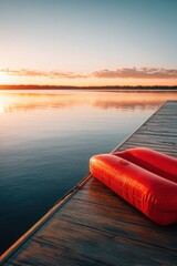 Fototapeta premium Inflatable float on wooden dock by calm lake during sunset. Summer vacation leisure equipment on pier. Relaxing scenery at golden hour for travel, holiday, wellness and water activity concept.