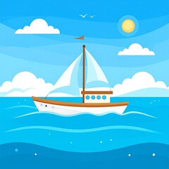 Naklejka premium Sailboat on the sea with clouds and sun illustration perfect for designs
