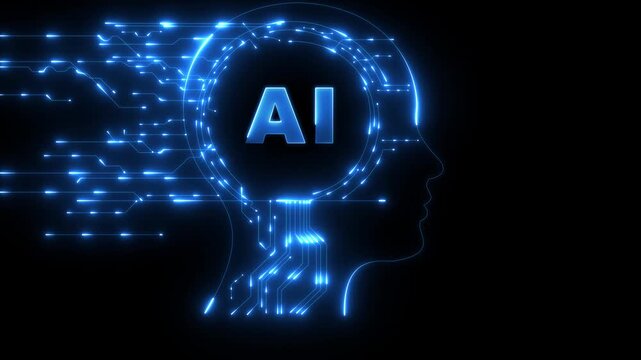 AI human head silhouette contains bright neon circuits with connecting lines, representing the concept of artificial intelligence and data processing 4k motion video