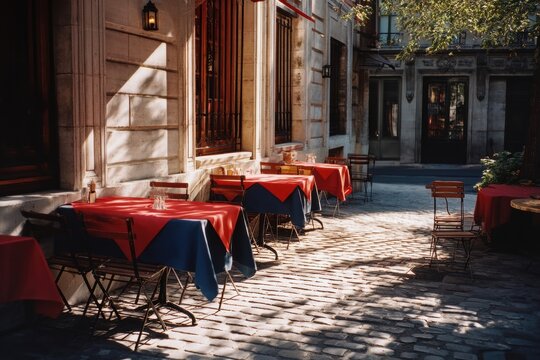 Empty outdoor cafe tables with red tablecloth on city street. Cozy bistro terrace in Paris. Lifestyle scenery of restaurant seating during sunny day for travel and tourism concept.