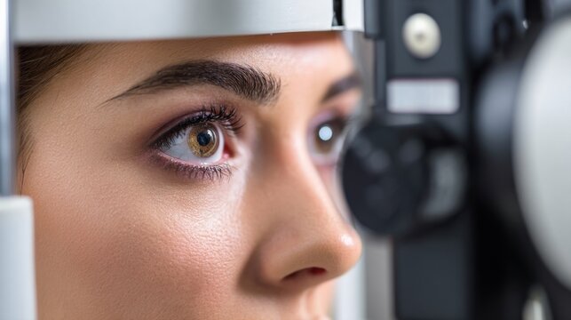 Close up of woman eye examination with slit lamp microscope in optometry clinic, professional ophthalmology diagnostic checkup, vision correction assessment and healthcare procedure