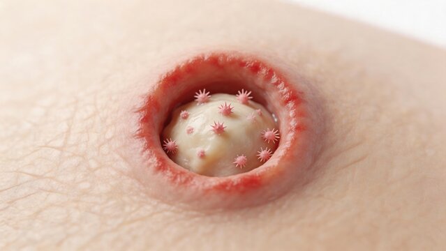 Close up medical illustration of an infected skin pore