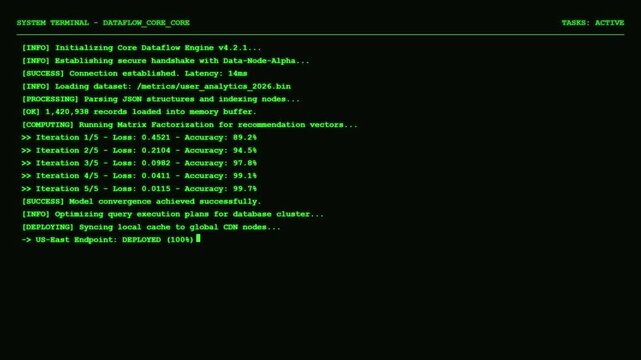 System Terminal Dataflow Screen Displaying Core Module Verification Logs and Automated Batch Process Optimization Metrics.