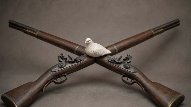 muskets. Two antique muskets crossed diagonally with a white dove figurine at their center. event programs, museum guides, designed for cultural heritage projects and event programs.