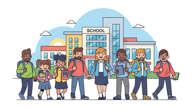 Children Going to School: A lively group of diverse children, each carrying a backpack, walk happily towards a school building, symbolizing education and the beginning of a new day.
