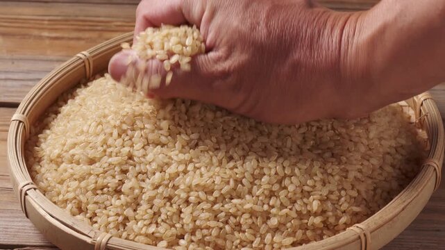 Hand scooping unpolished brown rice from a bamboo basket, close-up