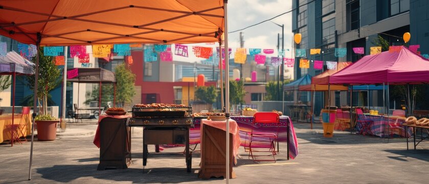 Outdoor street food market with barbecue grill and colorful tents. Festive urban festival setup decorated with papel picado banners. Celebration of culinary tradition and street culture.