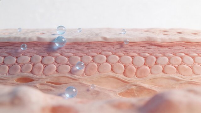 Macroscopic cross section view of multiple skin layers absorbing fluid bubbles