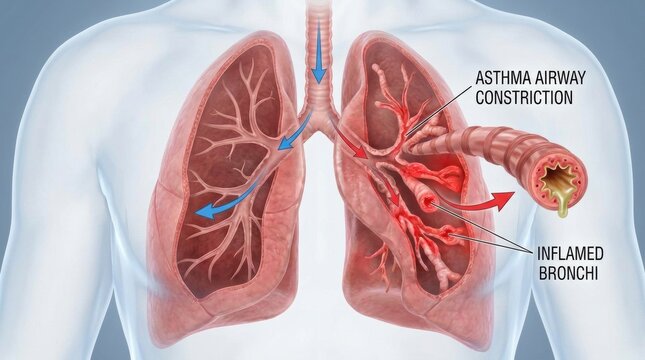 Diagram illustrating asthma airway constriction and inflamed bronchi in human lungs