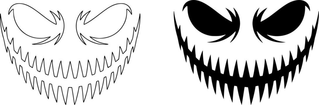 Scary Evil Face with Sharp Teeth and Menacing Eyes in Outline and Silhouette Style &mdash; Spooky Halloween Monster Grin for Pumpkin Carving, Horror, Tattoo, and Dark Vector Design