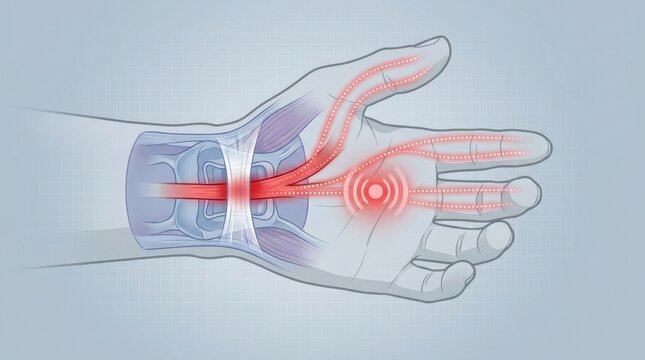 Illustration of carpal tunnel syndrome affecting the median nerve in the wrist