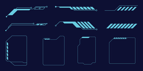 Virtual reality HUD interface windows and gaming callout lines. Vector illustration of neon cyan cybernetic vertical sidebar frames, digital asset boxes, and tech pointer elements. © VisionaryFrames