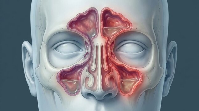 Anatomical illustration of inflamed paranasal sinuses and nasal cavity
