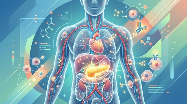 Human anatomy and cellular biology illustration with glowing organs and molecules