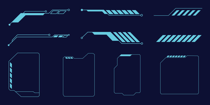Virtual reality HUD interface windows and gaming callout lines. Vector illustration of neon cyan cybernetic vertical sidebar frames, digital asset boxes, and tech pointer elements.