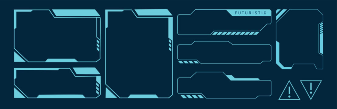 Aerospace defense HUD warning system interface windows and alert nodes. Vector illustration of neon cyan futuristic radar telemetry screens, tech text plates, and security exclamation icons.