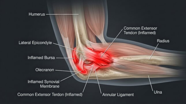 Detailed anatomical illustration of an inflamed elbow joint and surrounding structures