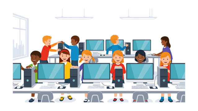 Children Learning in Computer Lab: A group of diverse children actively engages with computers in a bright, modern computer lab, fostering digital literacy and collaborative learning.