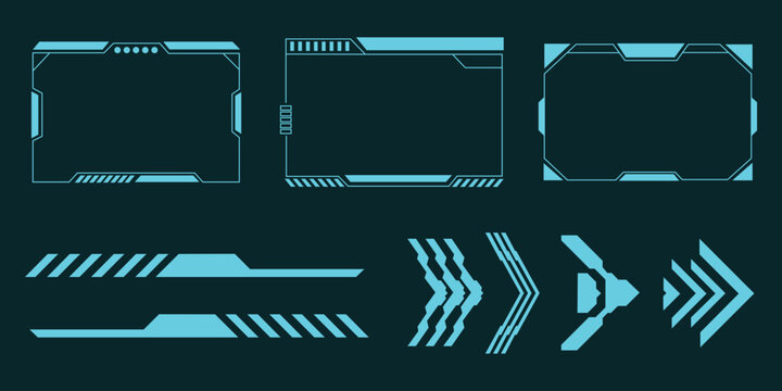 Aerospace aviation HUD interface screen borders and chevron navigation arrows. Vector illustration of futuristic cockpit control panels, tech status loading bars, and digital flight instruments.