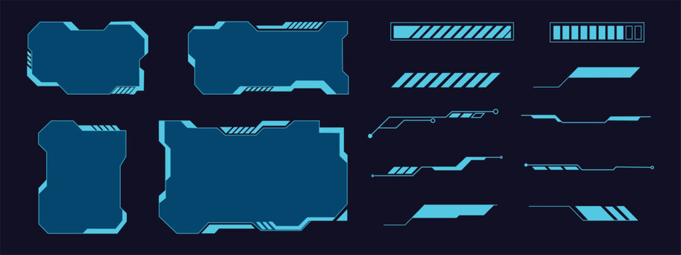 Cyber security mainframe HUD interface panels and data network loading bars. Vector illustration of neon cyan futuristic network security screens, system progress trackers, and digital asset boxes.